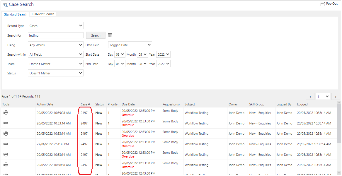 Case Search Audit Log Results