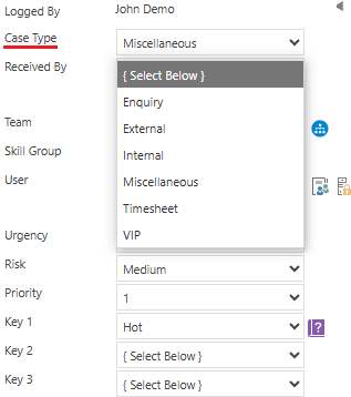 Case Window Case Type drop-down expanded