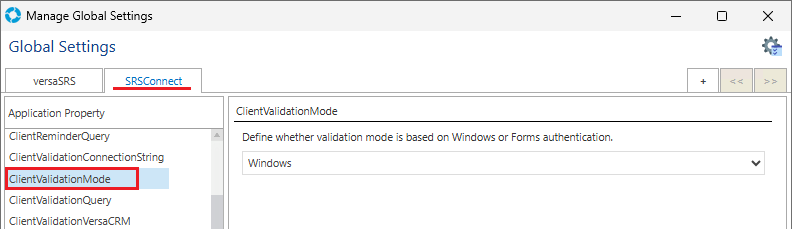 Global Settings SRSConnect ClientValidationMode Windows