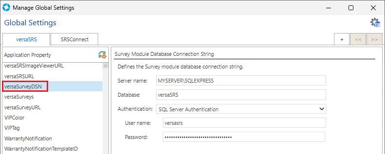 Global Settings versaSurveysDSN Global Settings versaSurveysDSN